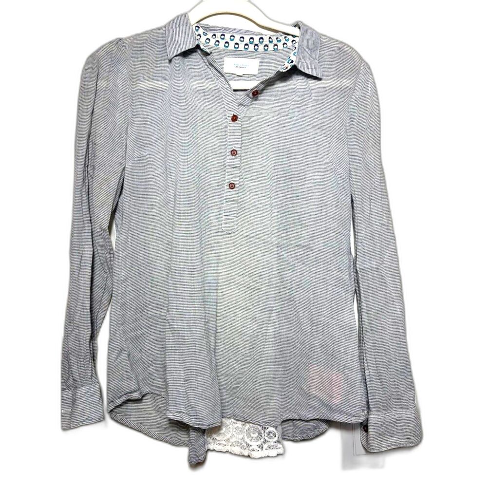 Birds of Paradis by Trovata Blouse Gray White Striped Top Lace Brazil Sz Small